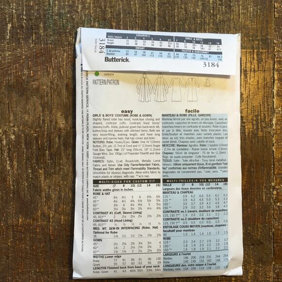 Butterick Sewing Pattern 3184 Boys Girls Wizard Harry Potter Costume 7-10 UNCUT - Picture 2 of 2